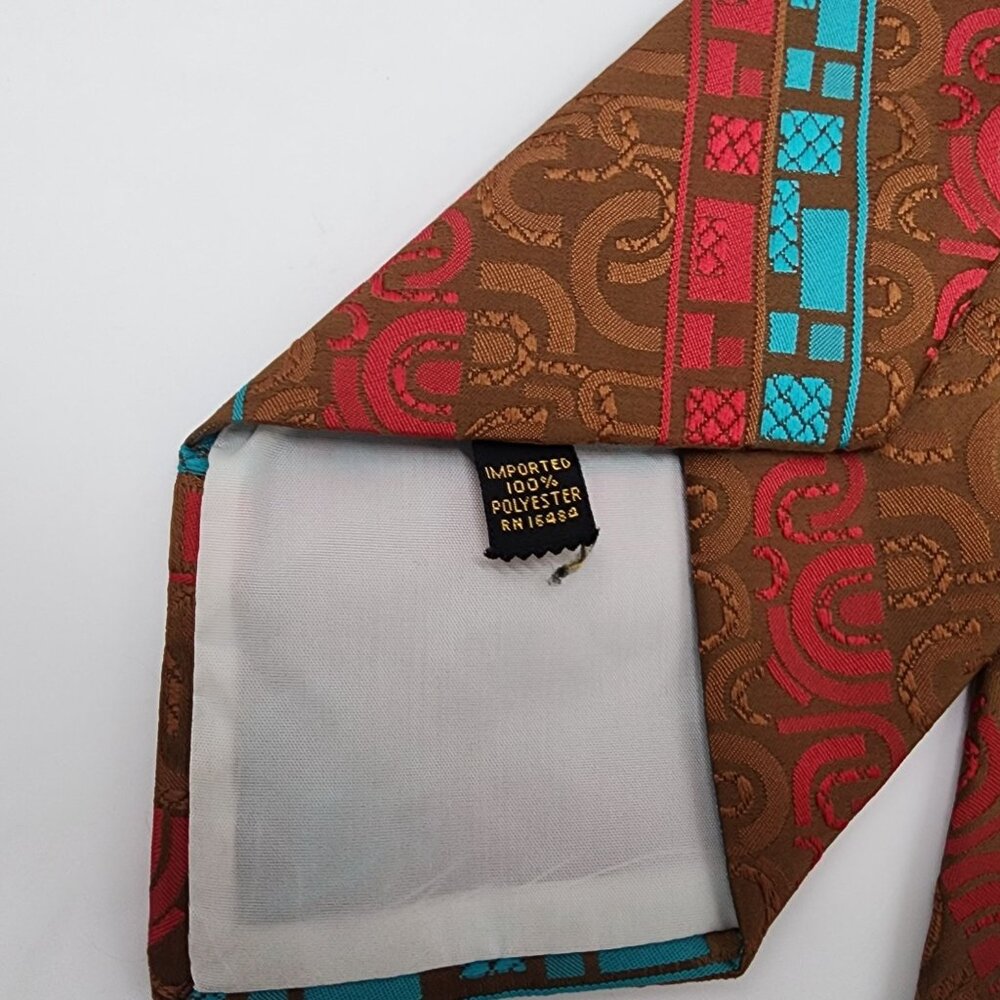 Sears Necktie Stripe Tan Red Teal Geometric Polyester 4" W 53" L - Picture 5 of 6